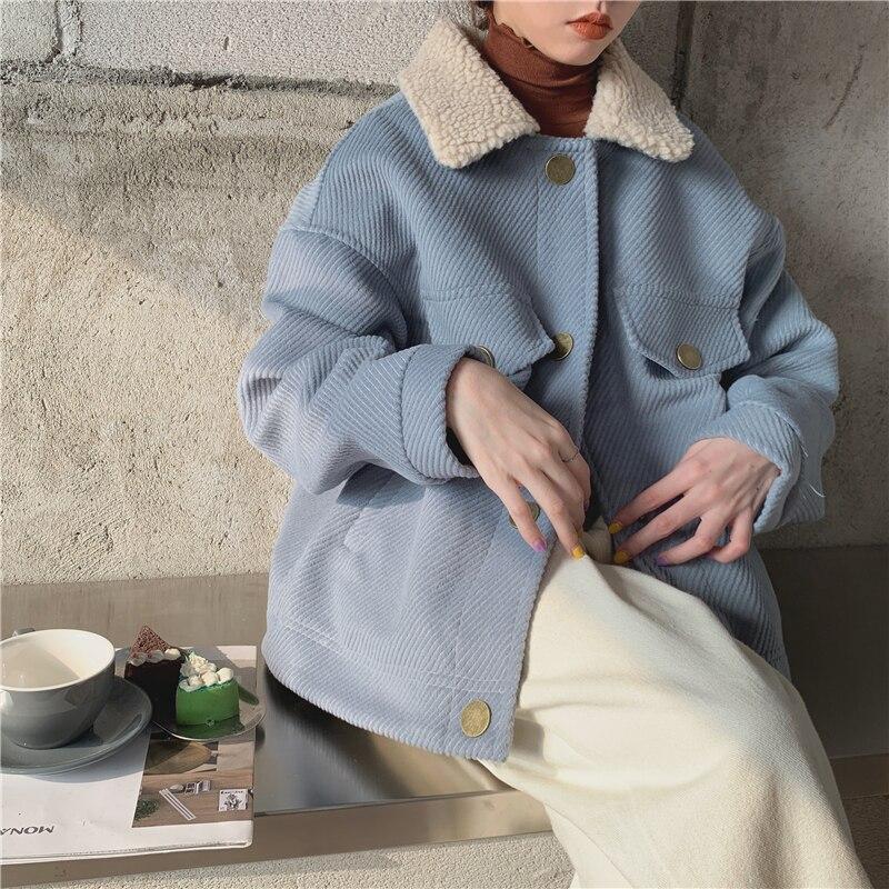 Turn-down Collar Women Jackets Autumn Winter Soft Warm Outerwear Oversize Wool Blends Pockets Short Coat