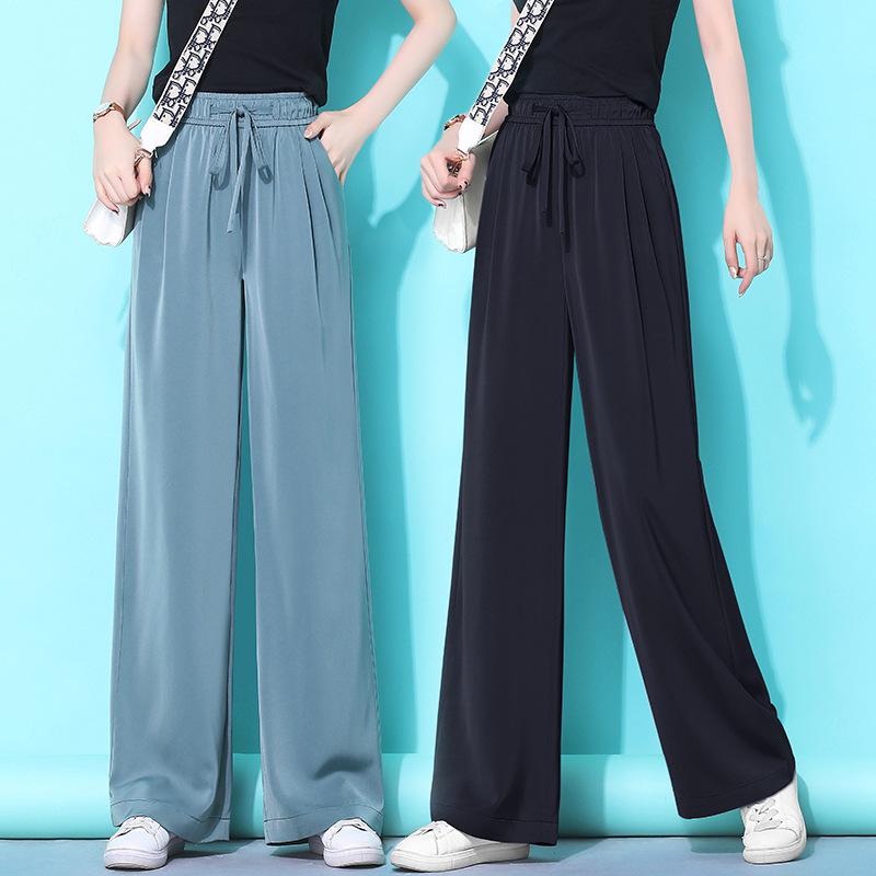 Women's Wide-Leg Acetate Satin Cloud Pants - High Waist, Ice Silk, Floor-Length, Large Size, Summer