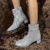 Women's Chelsea Sequins Boots Round Toe Chunky Heel Soft Padded Insole Elegant Chic Short Boots for Fall and Winter