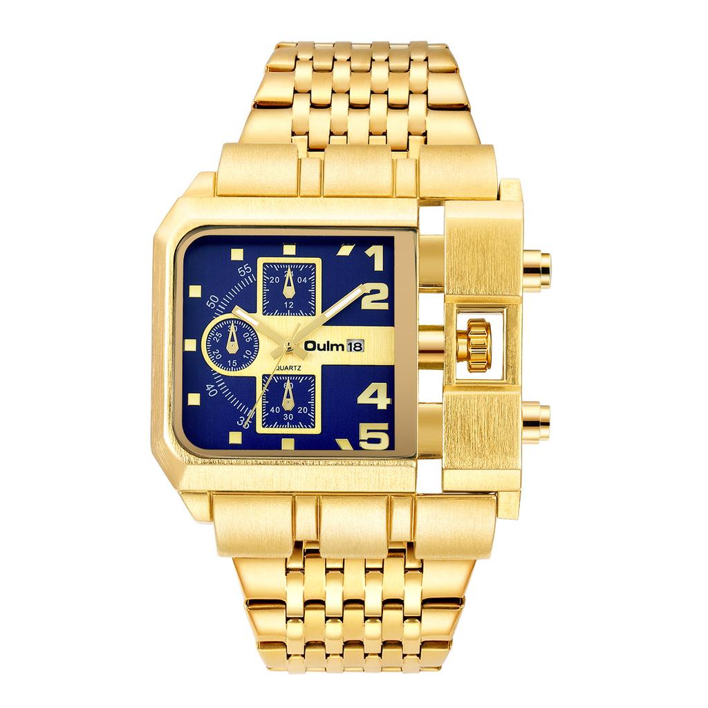 Oulm Gold Dial Men's Watch Steel Band Calendar Square Quartz Men's Watch Casual Style
