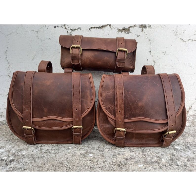 Leather Bag Saddle Motorcycle Pouch Brown Pannier 3 Saddlebag Bike Buffalo Leather Handmade Bag Set of 3 Motorcycle Bags