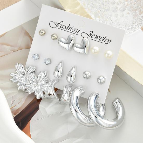 9 Pairs Stud Earrings Bright Silver Mirror Polished Hearts Snowflake Cubic Zirconia Faux Pearls Geometry Design Ear