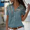 Летняя женская одежда больших размеров: Свободная шифоновая блузка с коротким рукавом и принтом, топ с расклешенными рукавами для женщин