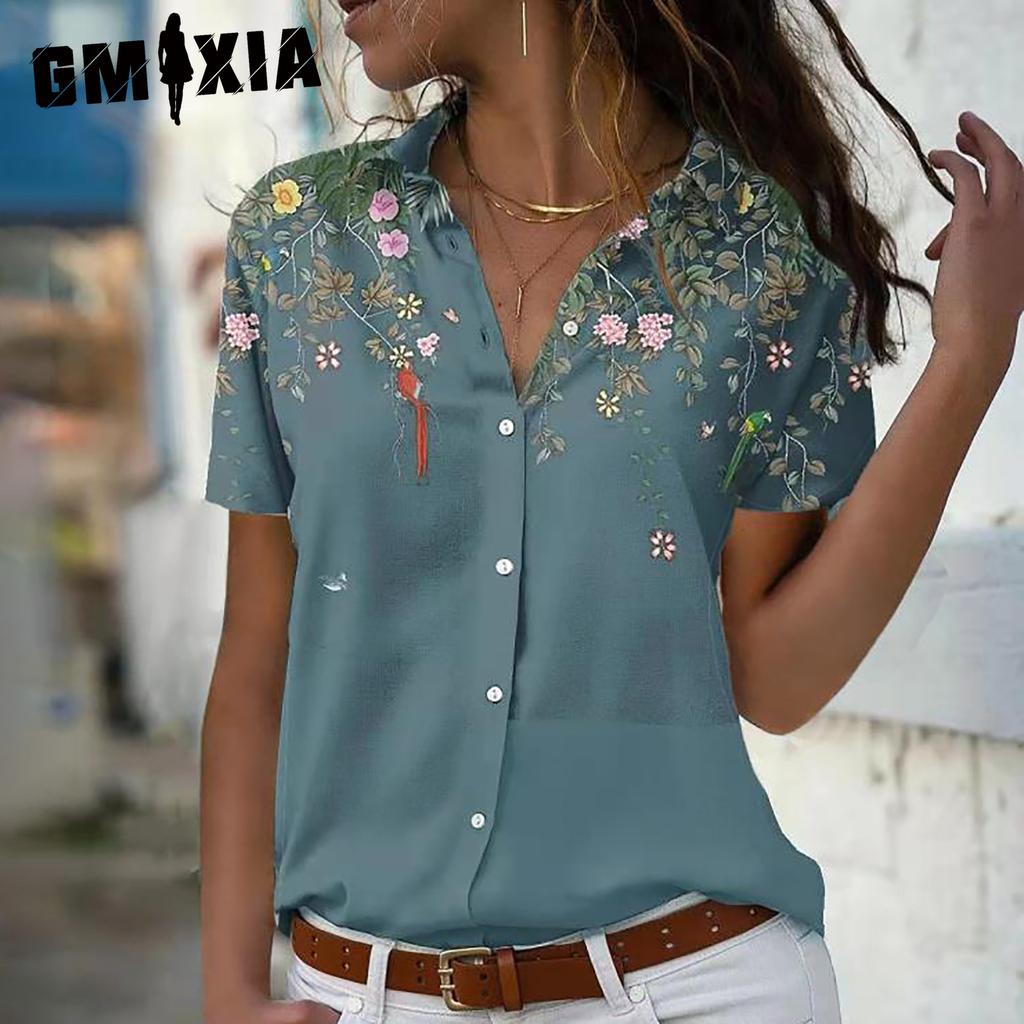 GMXIA Летняя женская одежда больших размеров: Свободная шифоновая блузка с коротким рукавом и принтом, топ с расклешенными рукавами для женщин