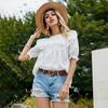 Women Casual Spring Summer Top Ladies Sweet Hollow Out Puff Sleeve Blouse White S M L XL