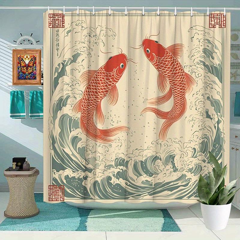 1pc Traditional Japanese Art Red Koi Fish Shower Curtain, Washable Polyester Bathroom Decor with 12 Hooks, 179.83x179.83cm, Tu