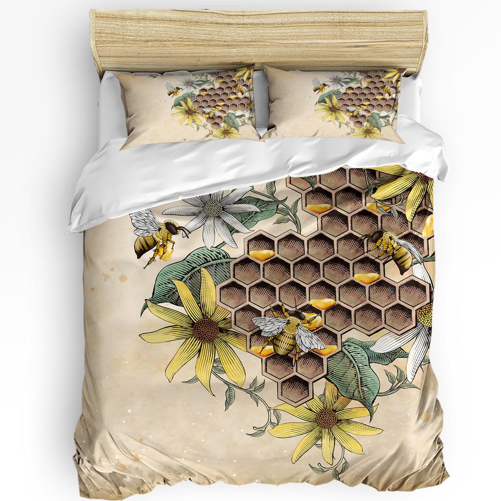 Bee Honey Flower Yellow Printed Comfort Duvet Cover Pillow Case Home Textile Quilt Cover Boy Kid Teen Girl 3pcs Bedding Set