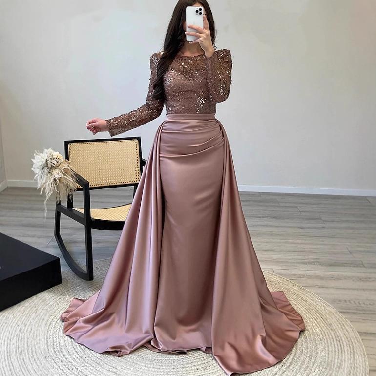 Европа красивая женщина банкет длинный рукав темперамент светские львицы ежегодное собрание ведущая аура королева пайетки вечернее платье