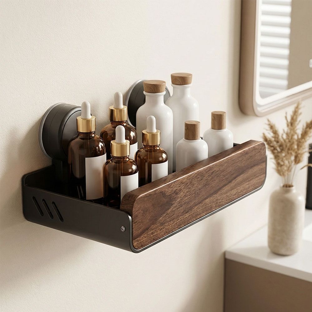 Mid-Century Modern Wall Mounted Organizer Walnut Finish Bathroom Storage Rack  Vanity