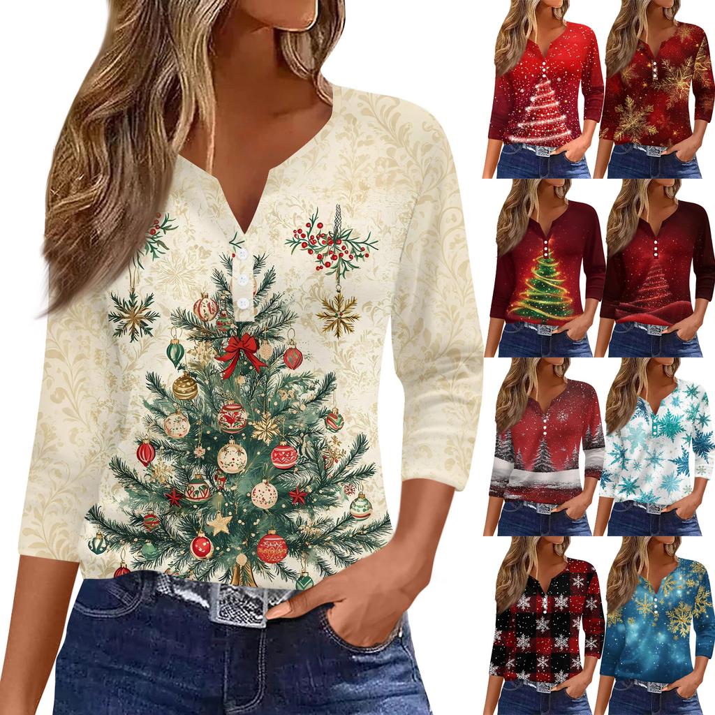 Women's Fashion Casual Christmas Tree Print V-Neck Decorative Button Three-Quarter Sleeve T-Shirt Top