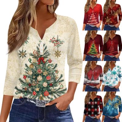 Женская модная повседневная футболка с принтом рождественской елки, V-образным вырезом, декоративными пуговицами и рукавом три четверти
