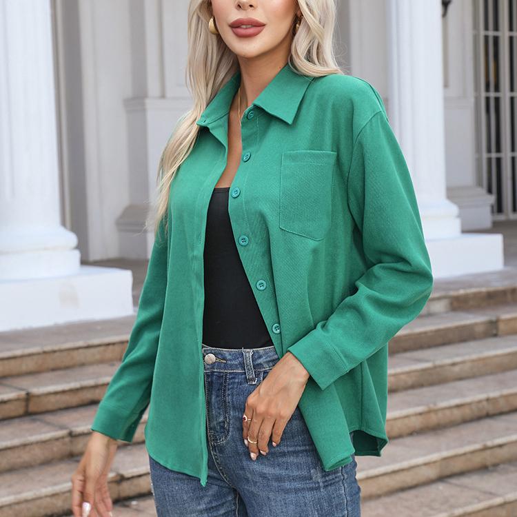 Women's Autumn Top Solid Long Sleeve Loose Casual Shirt Ladies Lapel Pocket Office Shirts