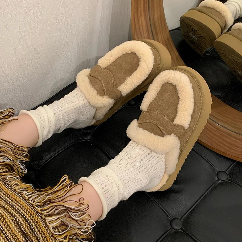 Туфли на плоской подошве из замши и хлопка, женские меховые тапочки, тренд 2025 года, зимние брендовые плюшевые шлепанцы, толстая подошва, пушистые, теплые, зимние, Botas Mujer