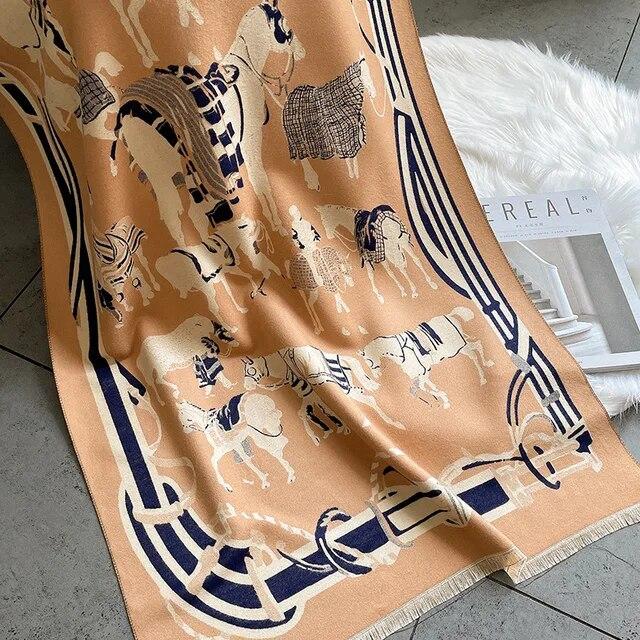 Толстый теплый зимний шарф, роскошный дизайн, принт лошади, женский кашемировый шаль из пашмины, женские шарфы с запахом, женский платок, одеяло, пончо