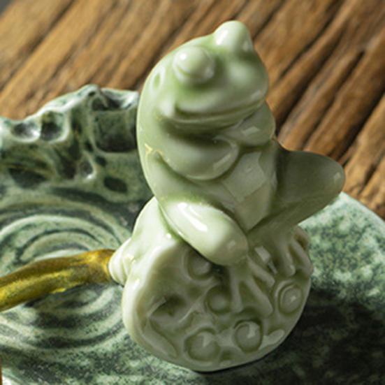 Meditation Frog Incense Stick Holder Ceramics Lotus Leaf Sitting Frog