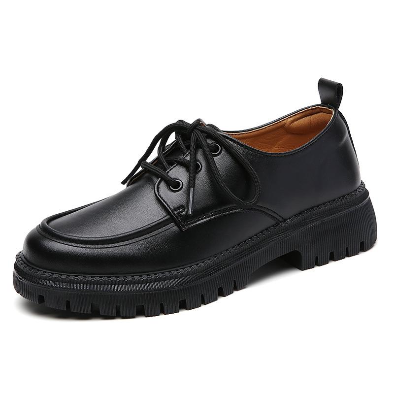 Leather Women's Shoes Lace-up Black Platform Soft-soled Single Shoes Small Leather Shoes Children