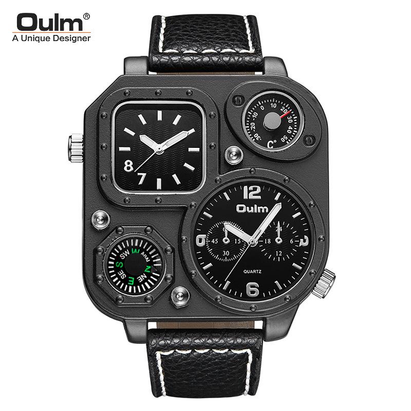 Oulm 1169 Big Dial Analog Luminous Hands Quartz Wrist Watch Clock PU Leather Band Multiple Time Zone Fashion Casual Mens Watch