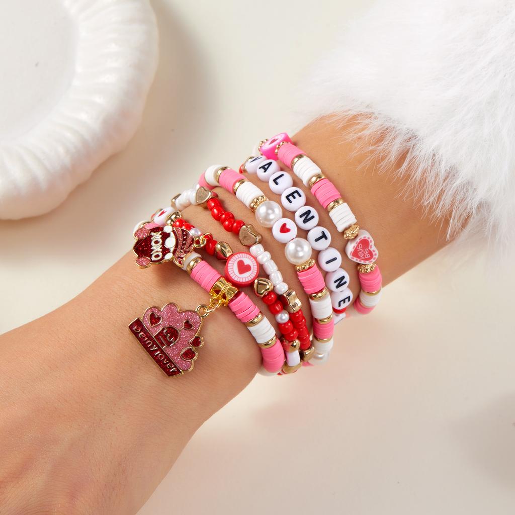 Fashion 6pcs/set Y2K Pink Beads Polymer Clay Bracelets Set for Women Girls LOVE Heart Pendant Gifts for Lovers Jewelry
