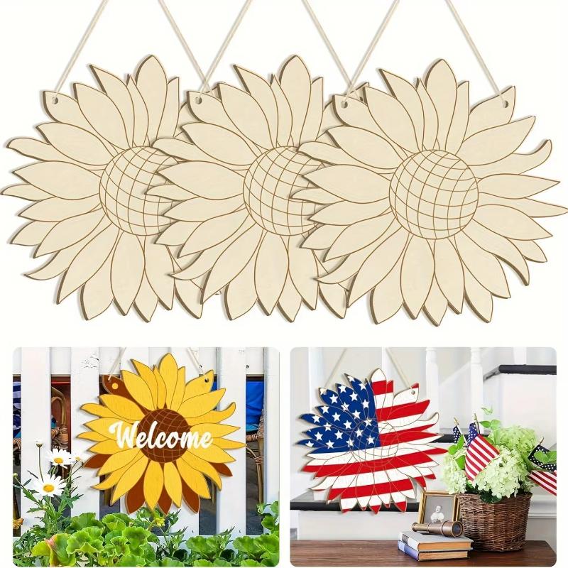 6/12pcs Diy Sunflower Wooden Set Large Paintable Wreath And Welcome Sign Blank Wooden Art Supplies Suitable For Gift Giving