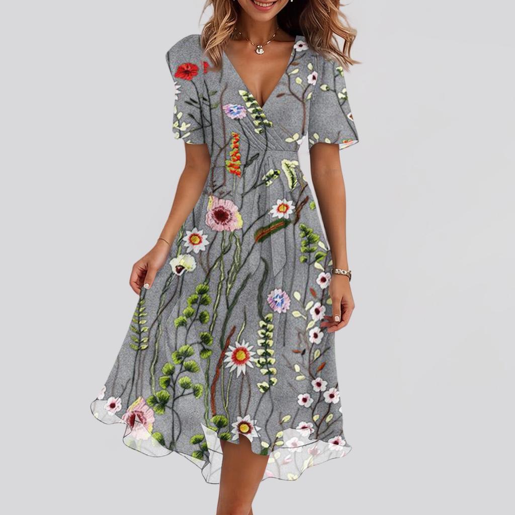 Женские модные повседневные платья с V-образным вырезом, короткими рукавами и оборками, винтажным принтом