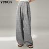 Women Autumn Elastic Waist Drawstring Check Pants
