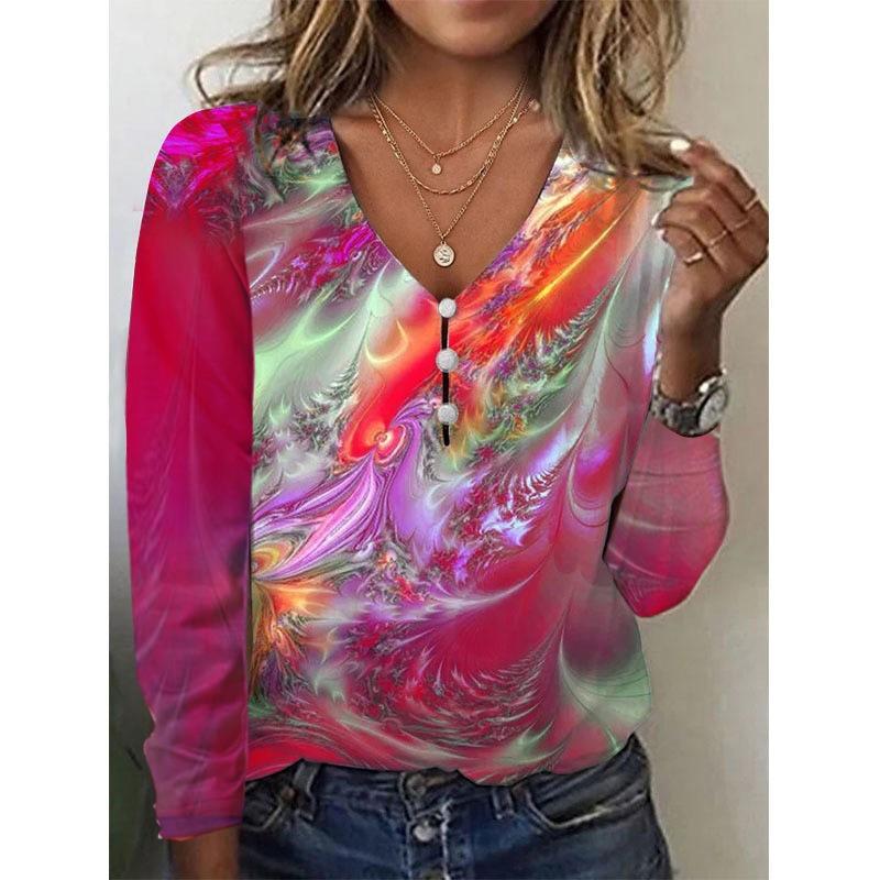 Spring and Autumn Women's Blouse V Collar Star Tie-dye Pearl Buttons Long Sleeve T-shirt