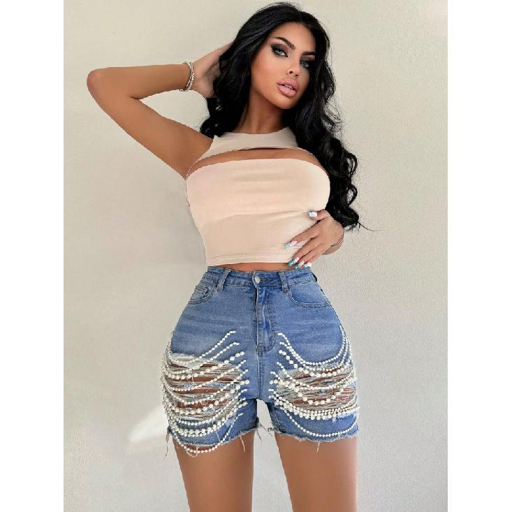 Джинсовые шорты женские летние новые с высокой талией и тонкие рваные шорты ручной работы с цепочкой из бисера для женщин