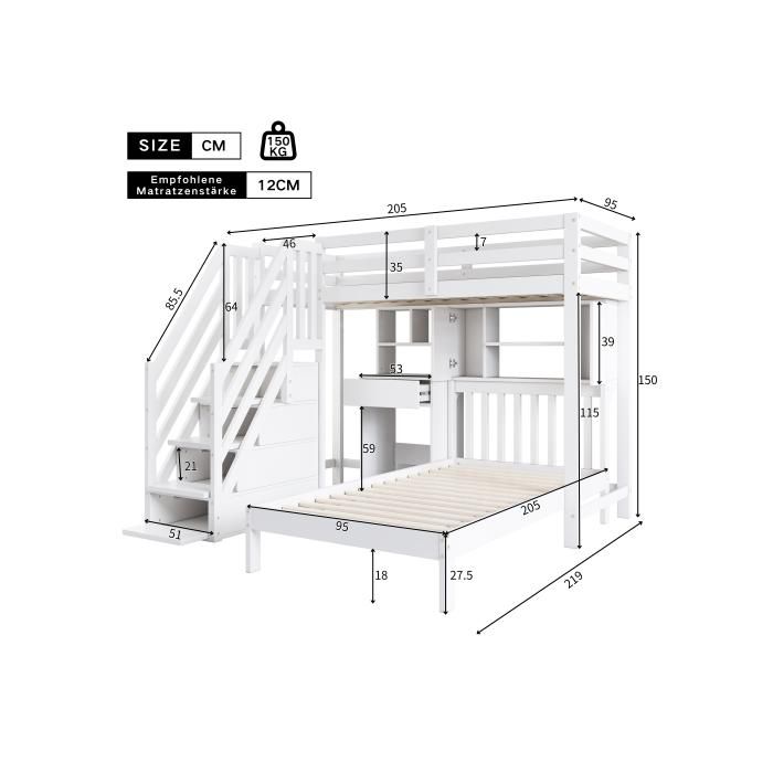 Детская кровать - MUVOE - 90x200 - Белая - Встроенный стол и полка - 2 места