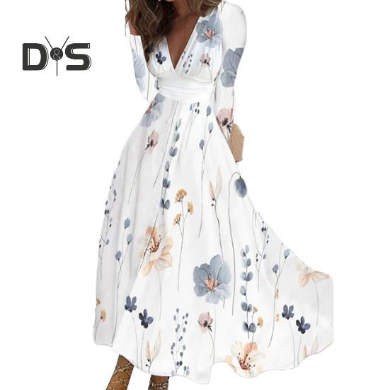Women Elegant Floral Print Maxi Dress V Neck Long Sleeve High Waist Gown Dress A Line Long Dress Streetwear