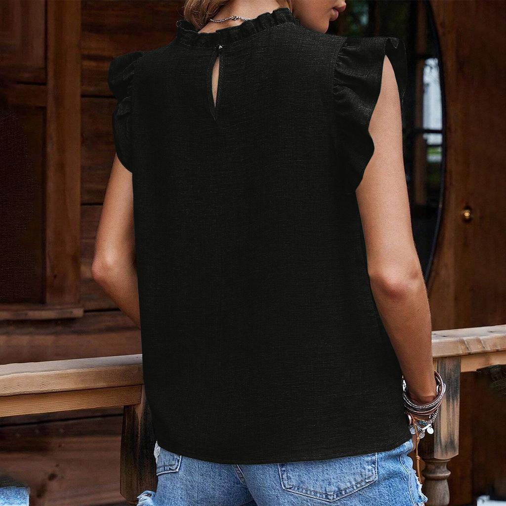 Summer New Women's Casual Solid Color Buckle Round Neck Ruffle Sleeve T-Shirt Top