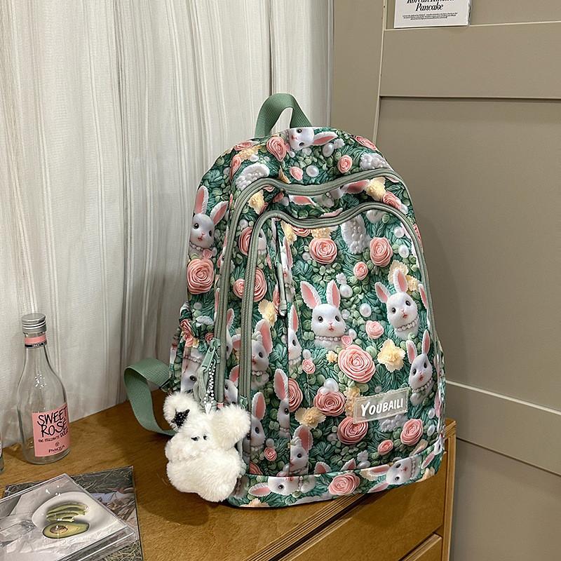 Cute Flower Rabbit Panda Cat Pattern Student Backpack With Pendant For Teens And Adults