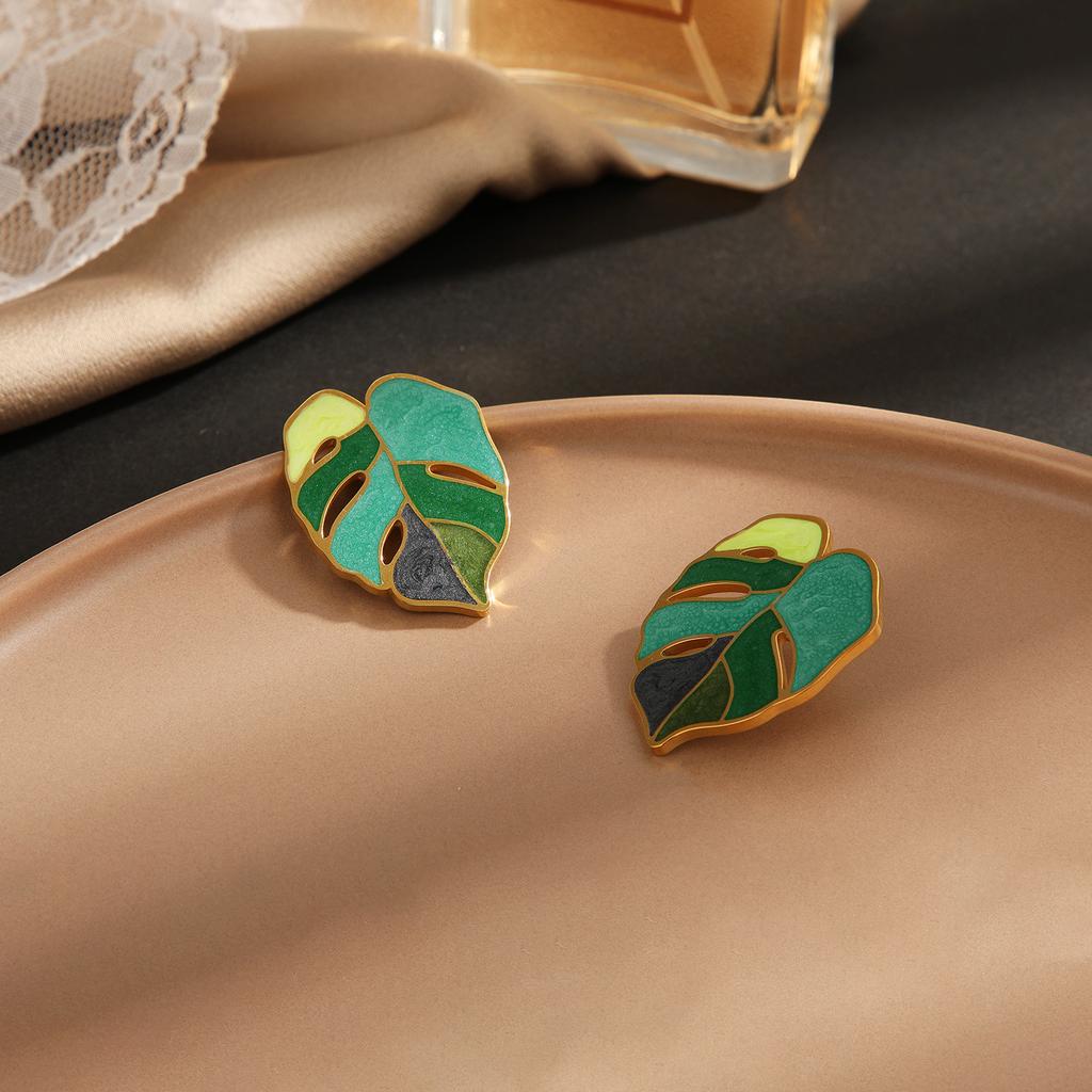 Индивидуальный профессиональный дизайн, нержавеющая сталь 18K гальваническое покрытие настоящее золото полые преувеличенные листья зеленая эмаль серьги-пусеты женские