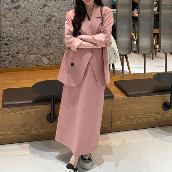 Женский костюм из 2 предметов, пальто, юбка, двубортный пиджак с длинными рукавами и лацканами, средней длины, свободная юбка с высокой талией, формальный деловой стиль, наряд