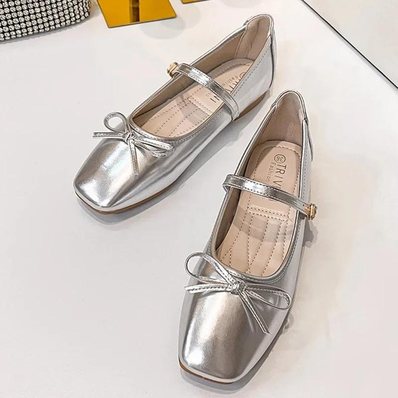 Fashion Silver Bowtie Mary Jane Pumps Fashion Women Square Toe Pu Leather Party Shoes Autumn New Woman Low Heels Wedges Buckle Shoes