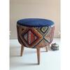 Hornbeam Retro Wooden Leg Decorative Ethnic Top Navy Blue Patterned Cylinder Pouf Bench Sofa Decorative Wooden Pouf Rustic Bench