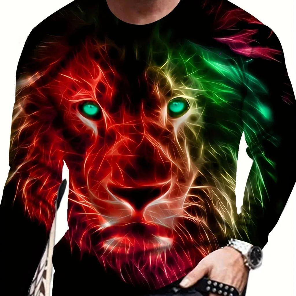 Men's Portrait Lion Print Long Sleeve Autumn T Shirt Pullover Comfortable Fit Street Casual Shirt Bottom Top Plus Size