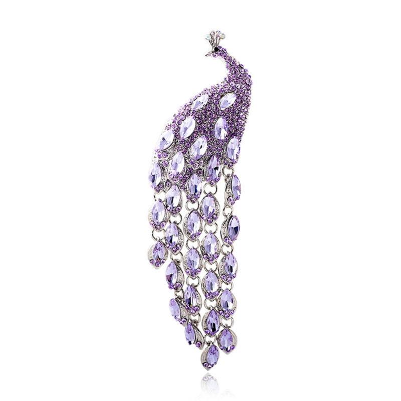 Elegant Long Tail Crystal Peacocks Brooch Party Jewelry Elegant Corsage Pin Alloy Texture Perfect for Wedding and Evening