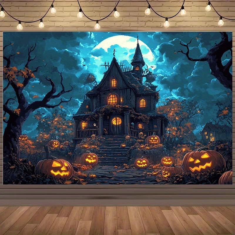 Ghost House Halloween Background Cloth - Non Electric Party Decoration Banner with Manor Pumpkin Lantern Full Moon and Bats