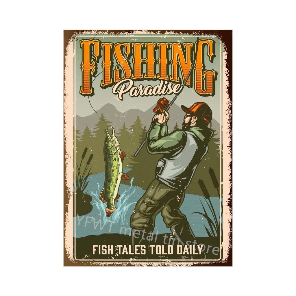 Fishing Rules Metal Tin Sign Fishing Sign Vintage Metal Plate for Wall Poster Farm Art Decoration Retro Stickers Plaques