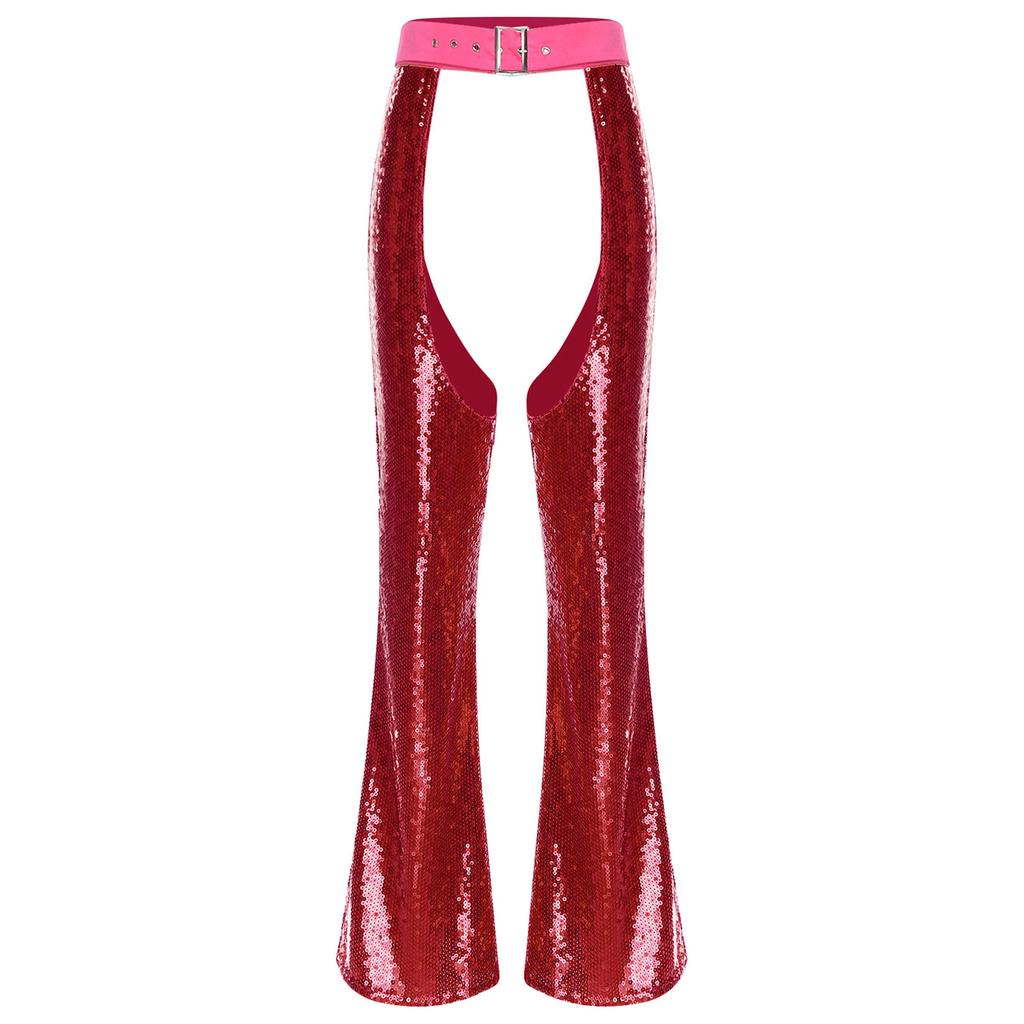 Womens Halloween Glitter Sequin Cowgirl Chaps Adjustable Waist Crotch Hollow Out Fully Lined Flared Pants