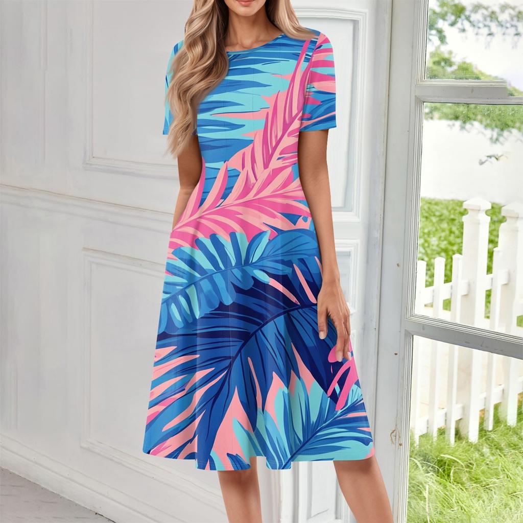 Women's Fashionable Print Round Neck Loose Short Sleeved Pocket Pullover Dress