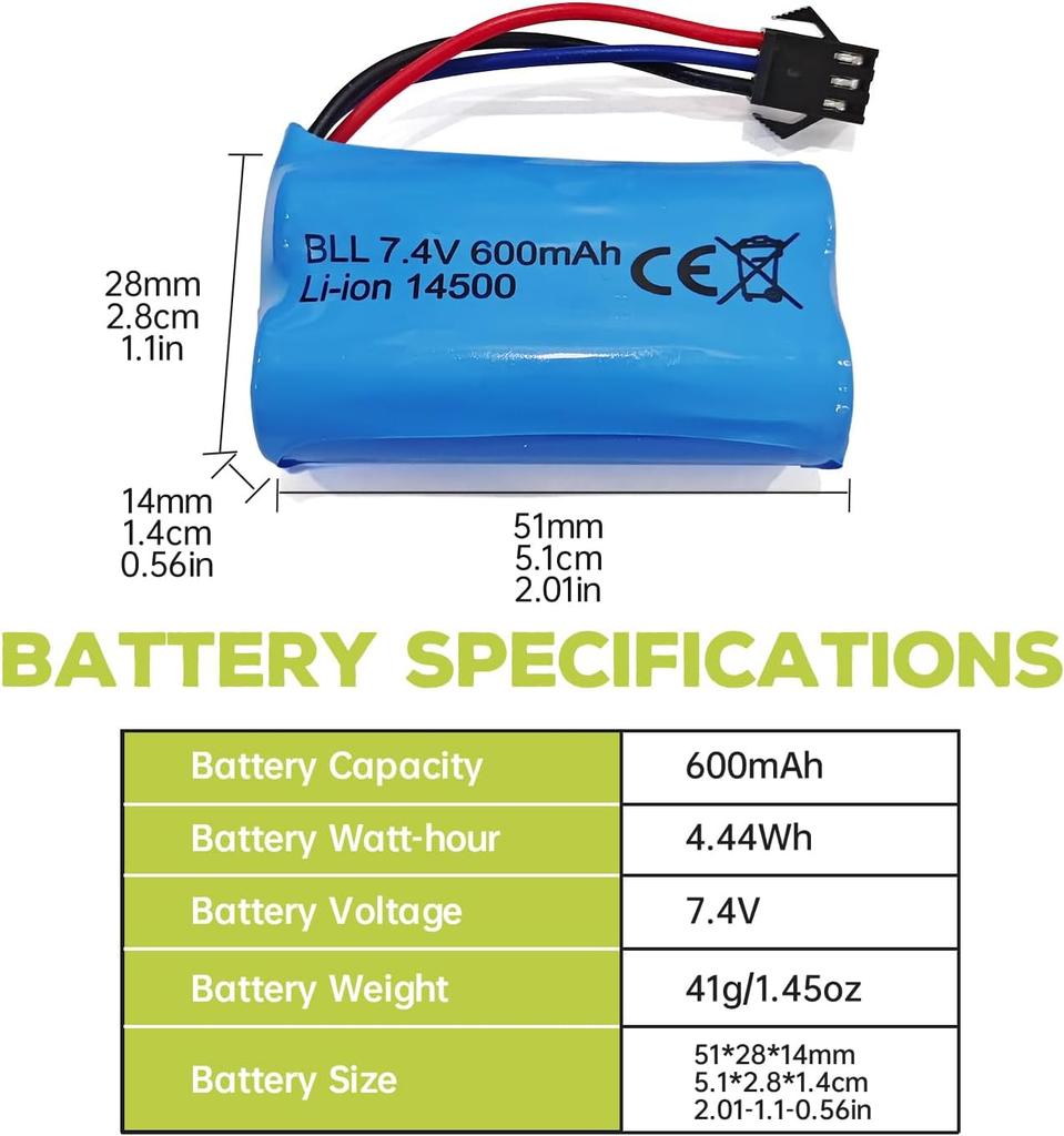 1x Li-ion Аккумулятор 7.4V 600mAh 2S с разъемом SM-3P + USB-кабель – Совместим с радиоуправляемой машиной DE82, TK3086B, TK-3082B, G20601, Машина-перевертыш