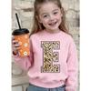 Kids Crewneck Sweatshirt, Black Floral Print with Leopard Letter E Graphic