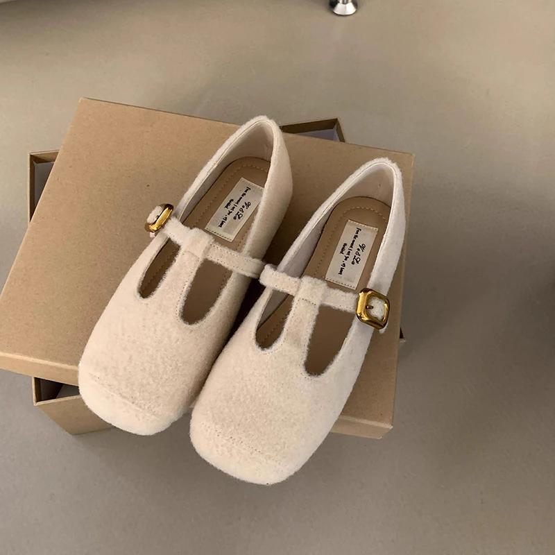 Мода 2025 Осень Шерстяная ткань Женские туфли-балетки Модные туфли с мелким вырезом и круглым носком Женские удобные балетки в стиле Мэри Джейн
