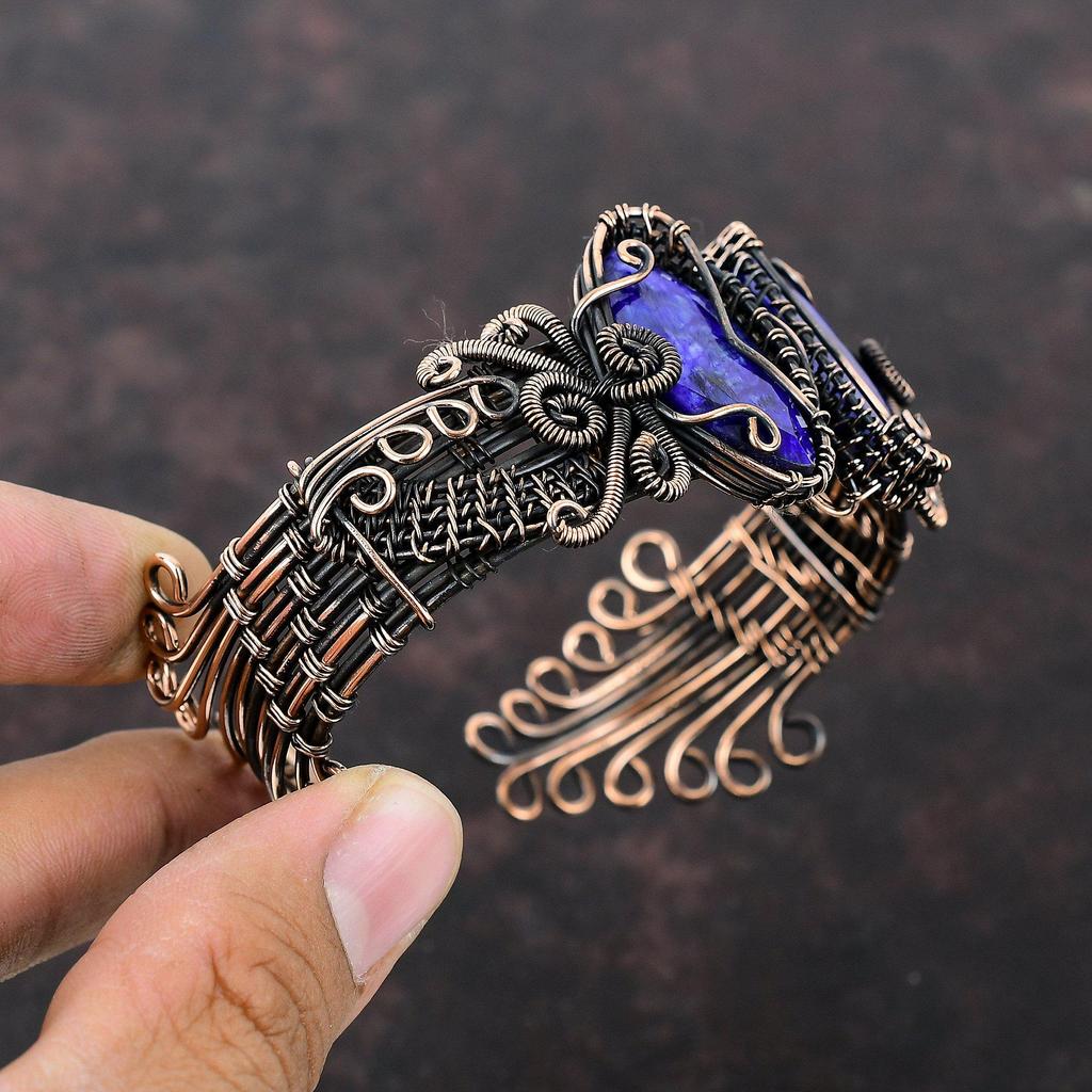 Браслет-манжета с граненым синим сапфиром, браслет из медной проволоки, регулируемый браслет-манжета, браслет ручной работы, драгоценный камень, медное ювелирное изделие, подарок для мамы