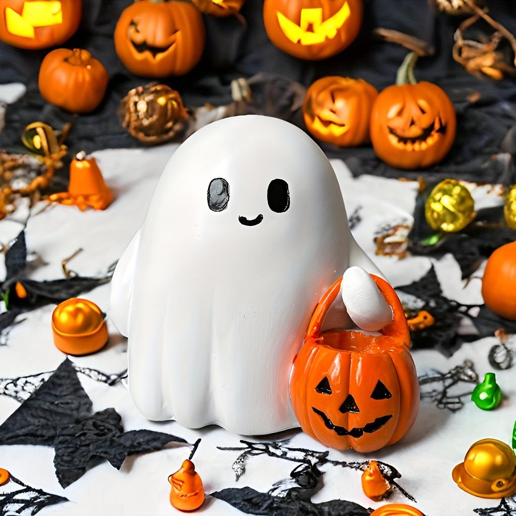 Cute Resin Smiling Ghost with Pumpkin Bag Halloween Decoration Statues Tabletop Ornament Perfect for Spooky Halloween Home Decor