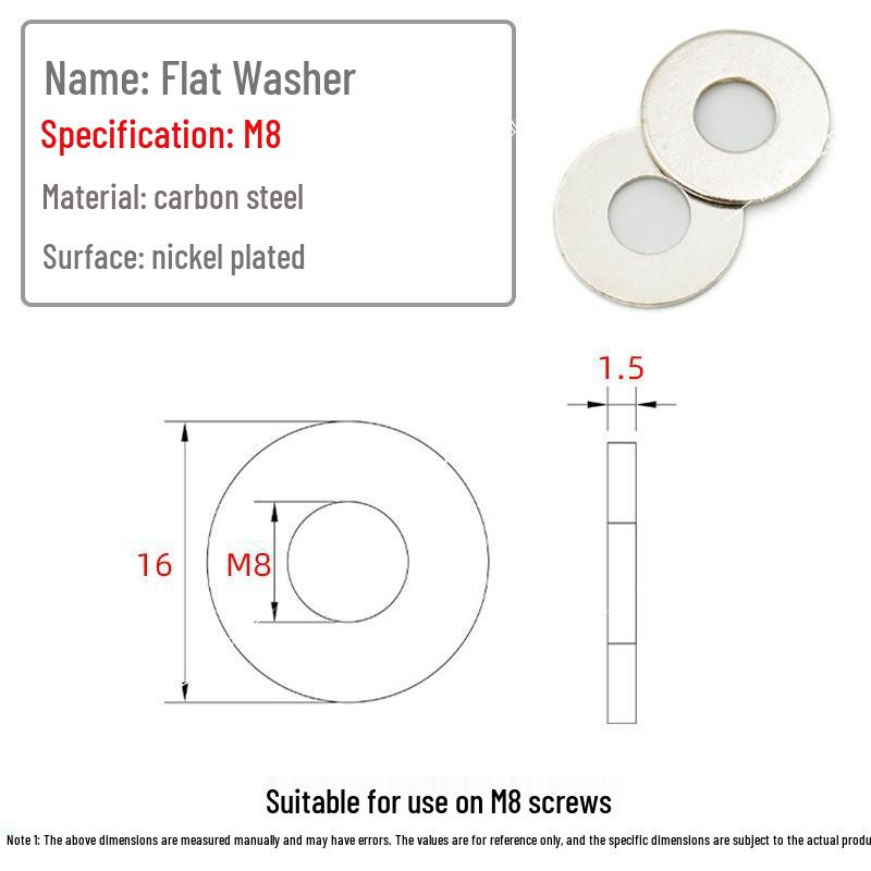 Industrial Aluminum Profile Metal Flat Washer, Carbon Steel Nickel Plated, Sizes M5, M6, M8 Connector.