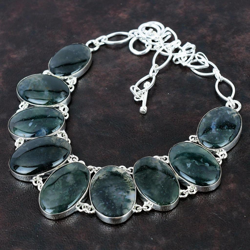 Ожерелье из мохового агата Изысканное ожерелье из драгоценных камней Ожерелье из стерлингового серебра 925 пробы Регулируемая цепочка Ожерелье Ювелирные изделия из мохового агата ручной работы Свадебный подарок