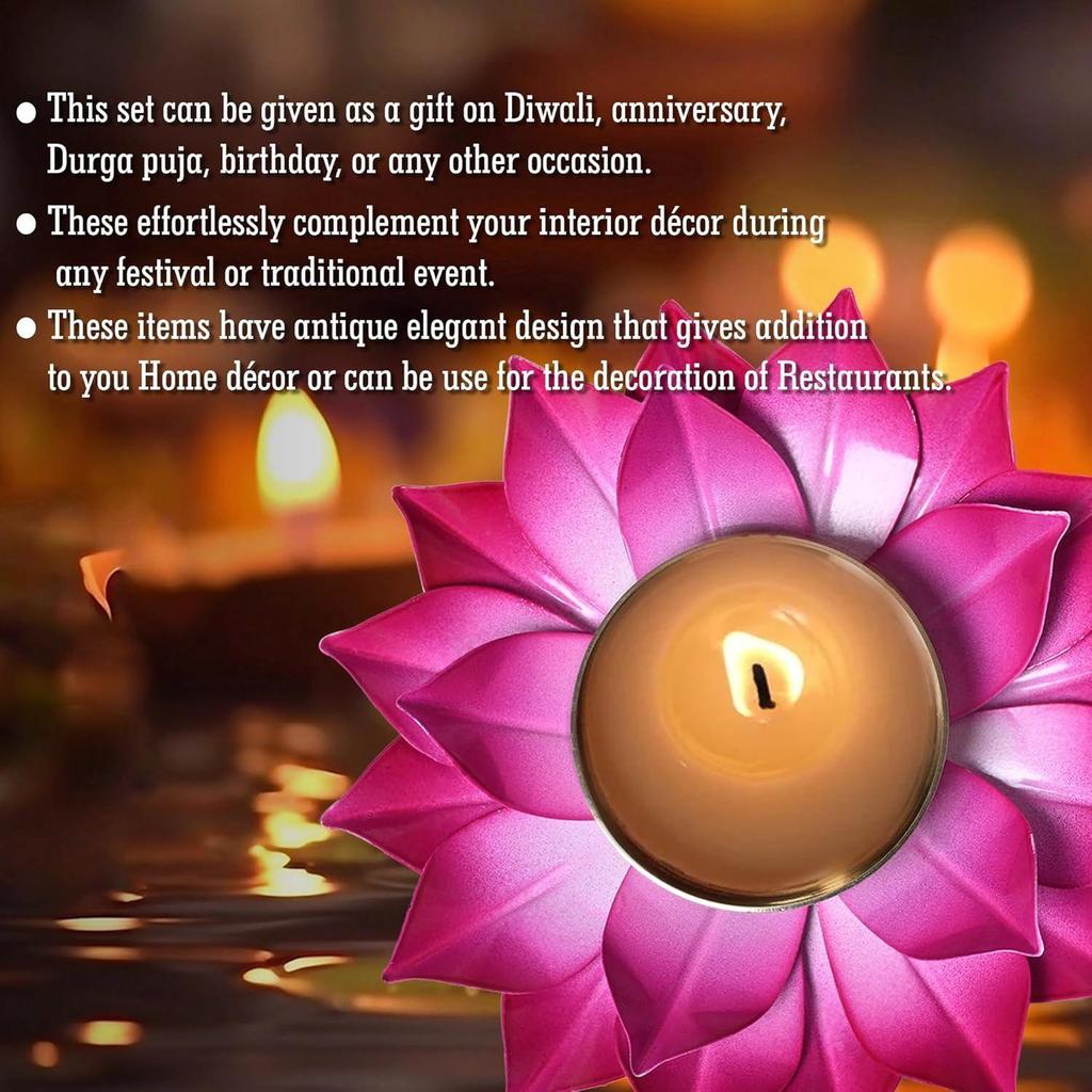 Brass and Metal Lotus Pink Design Diya for Puja Home Decoration Item Gift, Specially Made for Diwali Gifting.