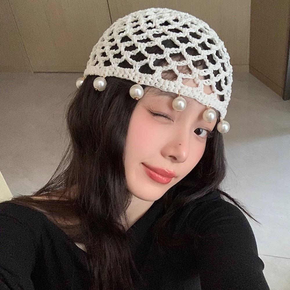 Breathable Hollowed Out Knitted Hat Round Beads Pearl Fringed Crochet Hat Handmade Beret Cap Fashion Headwear